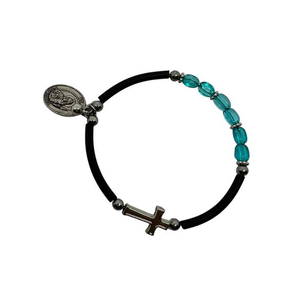 Catholic St. Anthony Medal Stretch Bracelet with Turquoise Beads Cross Charm - Picture 4 of 6